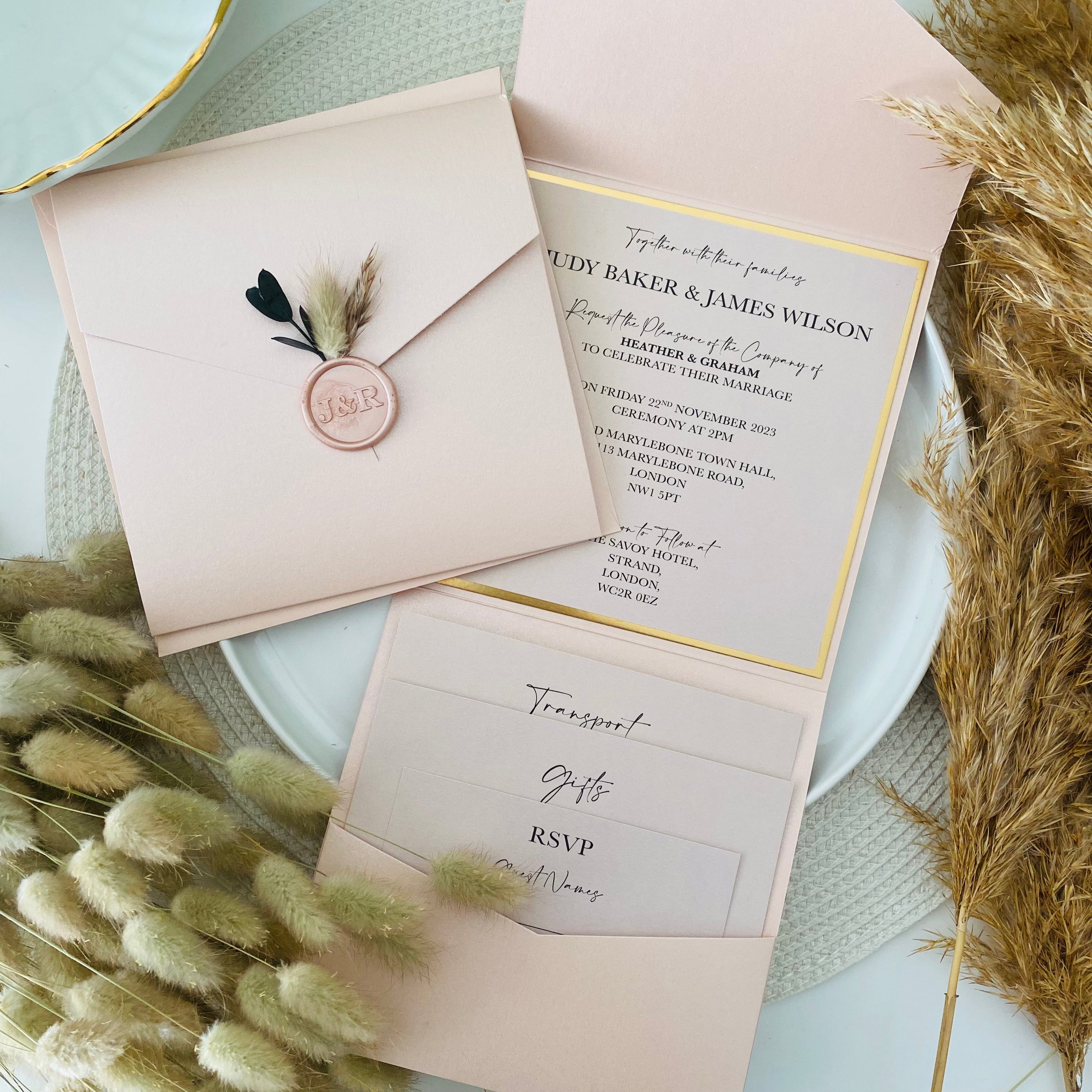 Blush Pink and Gold Detailed Bunny Tails and Dried Flowers Pocket Fold ...