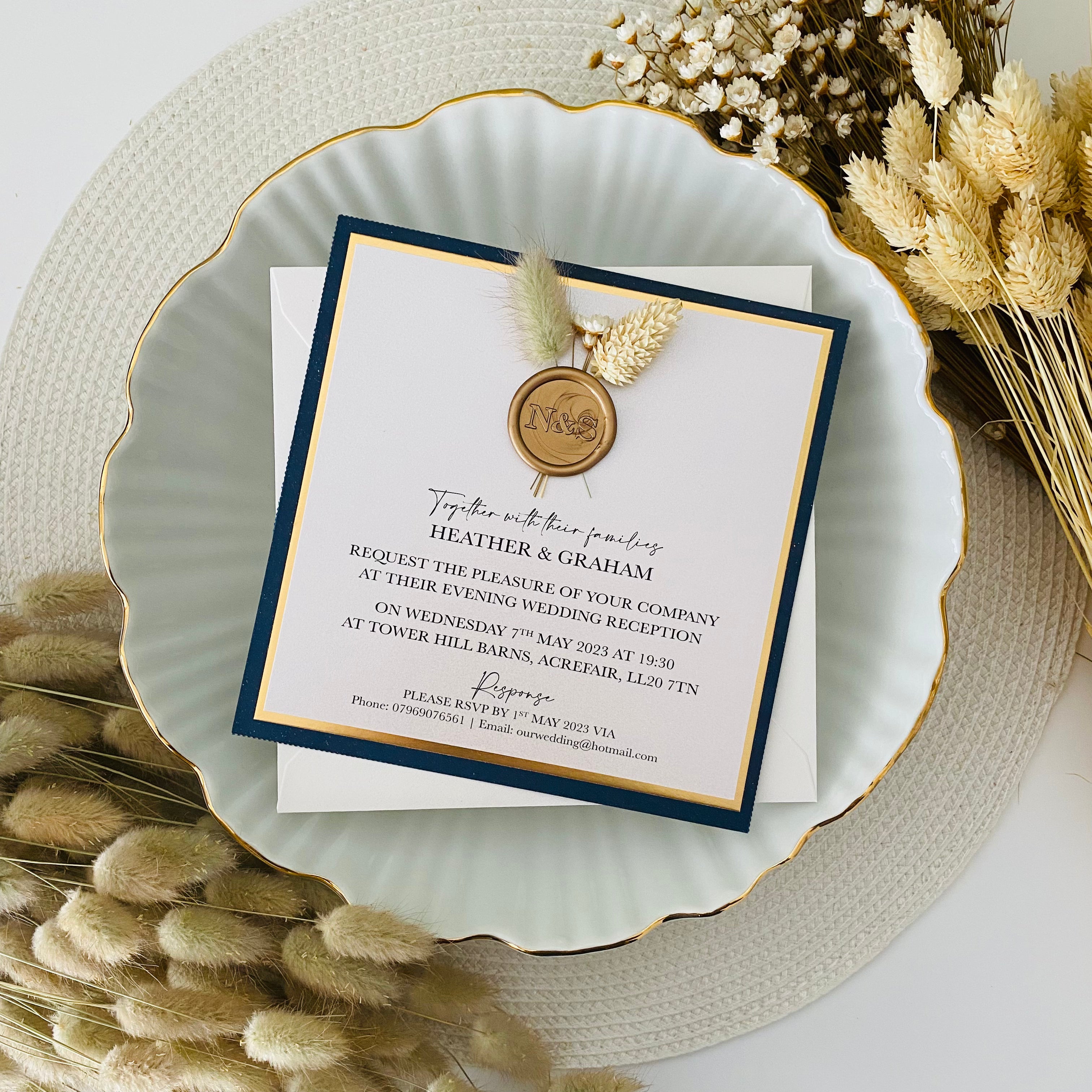 Navy, Ivory and Gold Dried Flower and Wax Seal Evening Invitations ...